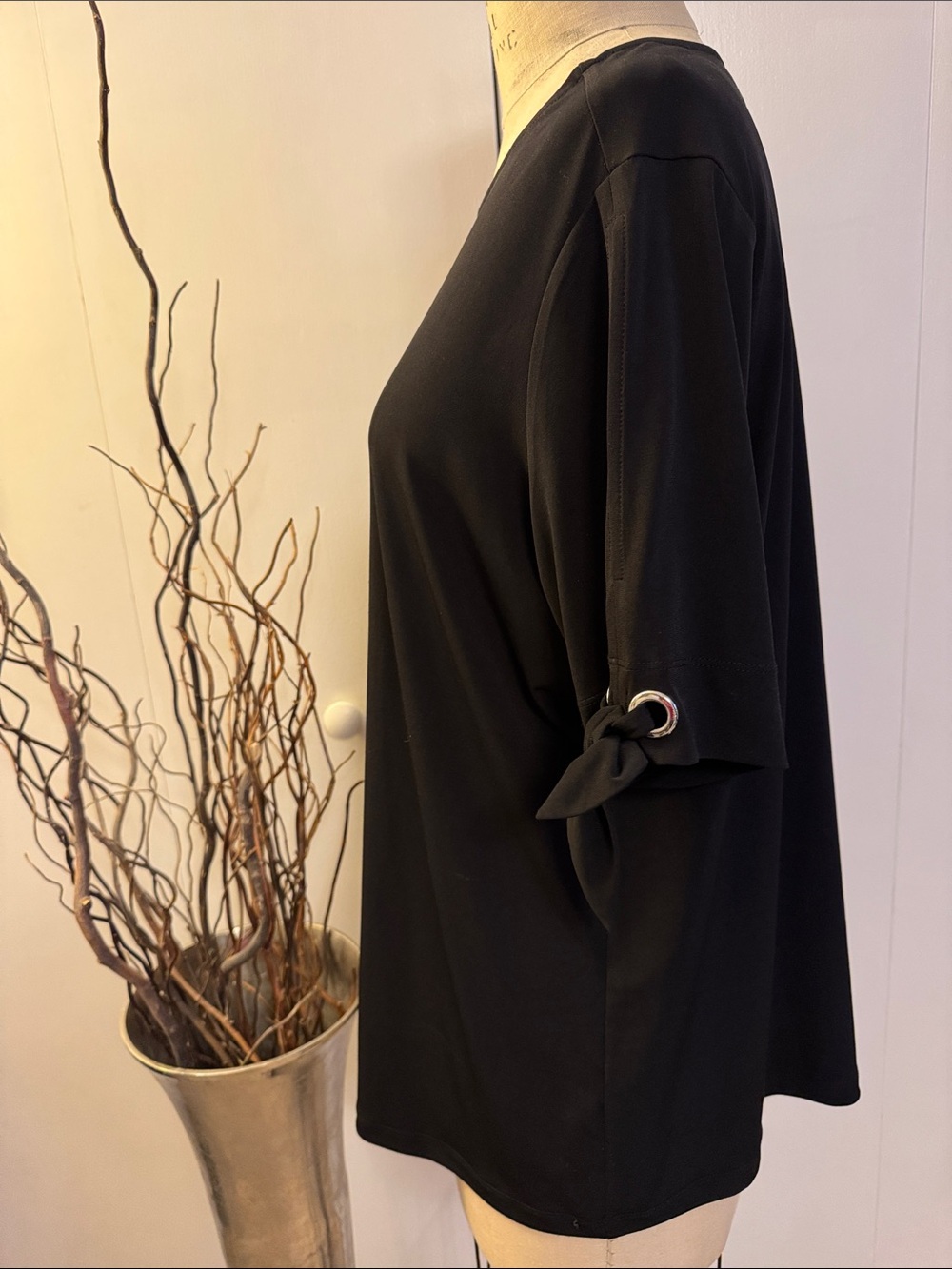 Susan Graver Black Short-Sleeve Tie-Accent Top - Picture 3 of 6